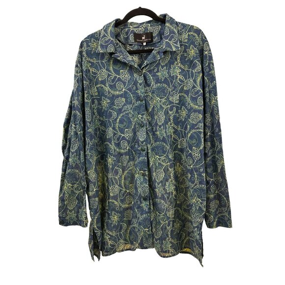 Peruvian Connection Long Sleeve Top Size Large Blue Green Swim Cover Up Relaxed - Picture 1 of 4